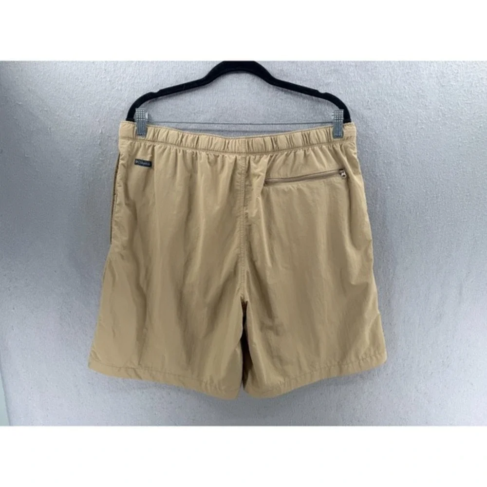 Columbia Shorts Mens L Tan Khaki Water Swim Trunks Mesh‎ Liner Zip Pocket Belted